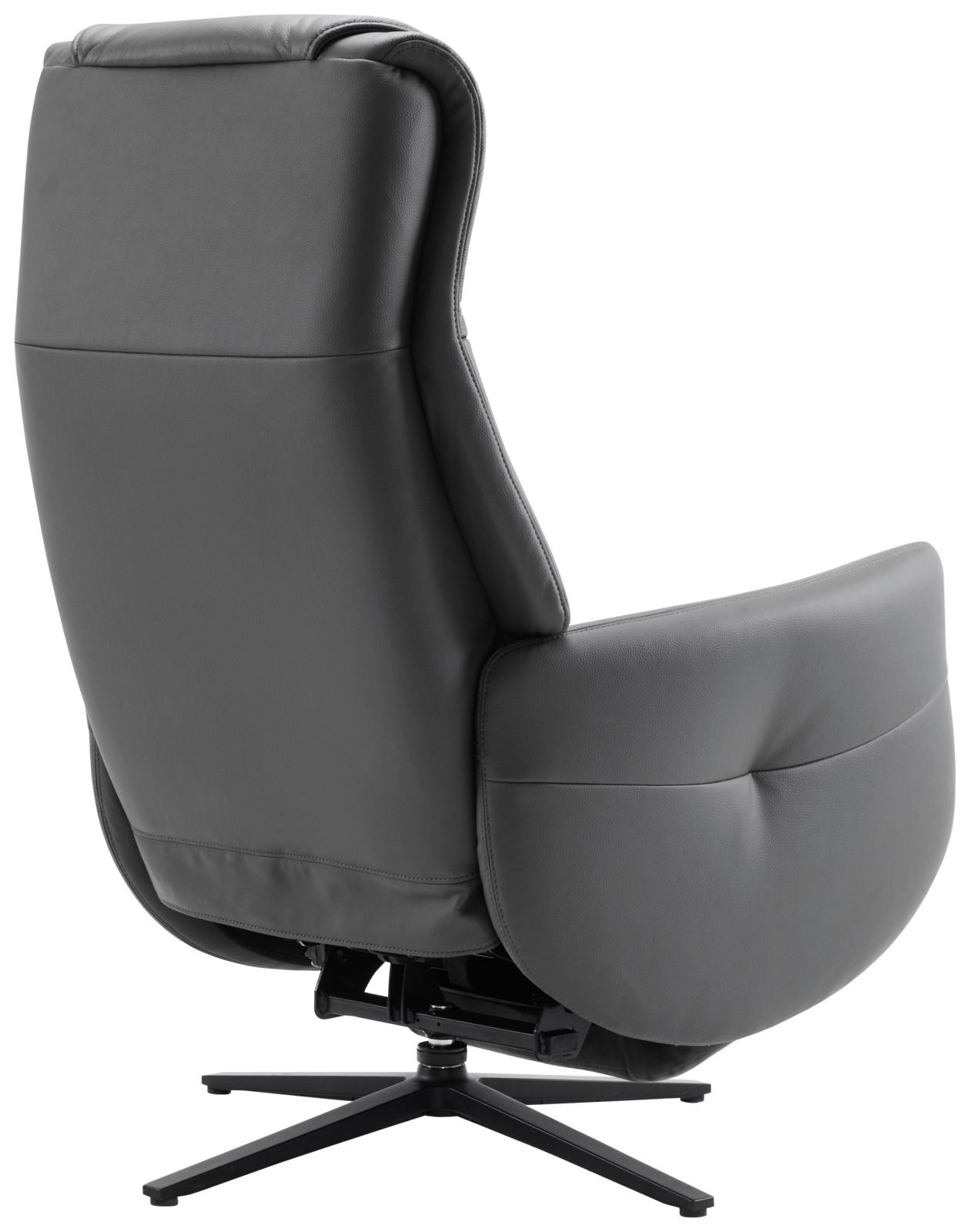 Rückansicht eines grauen Relaxsessels mit drehbarem Fußgestell.