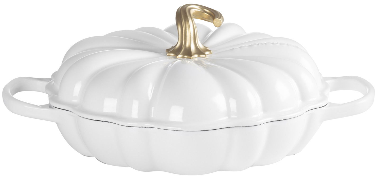 Weißer Kürbis-Topf mit goldfarbenem Stiel, seitliche Perspektive