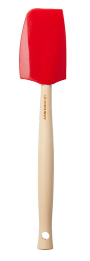Rote Kochkelle mit Holzgriff, frontal abgebildet