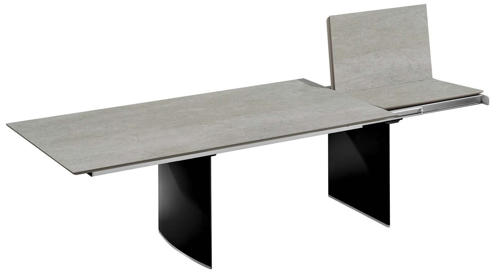Moderner Esstisch mit ausziehbarer Platte in Betonoptik, seitliche Perspektive