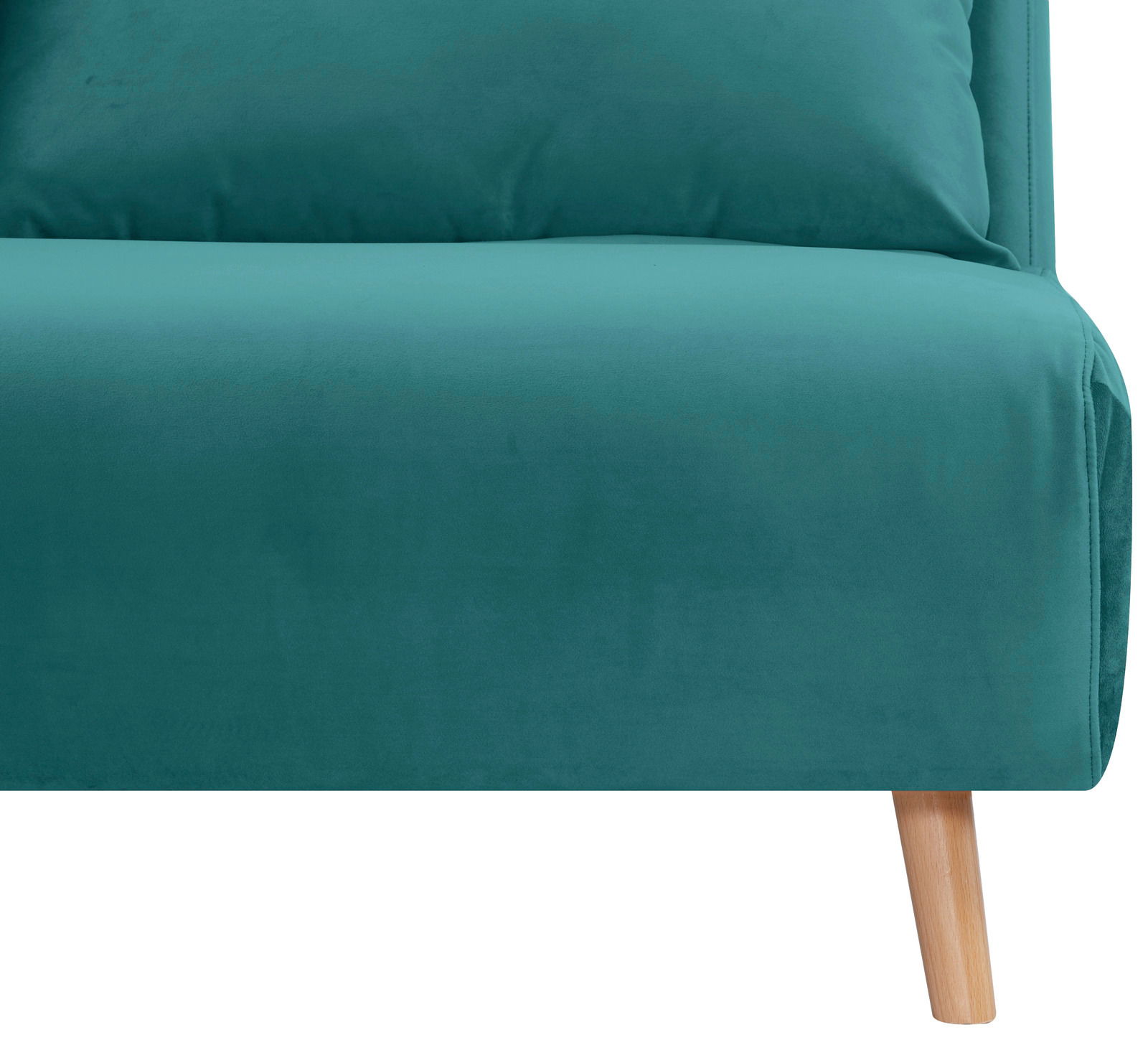 Grünes Funktionssofa mit Holzbeinen, seitliche Perspektive