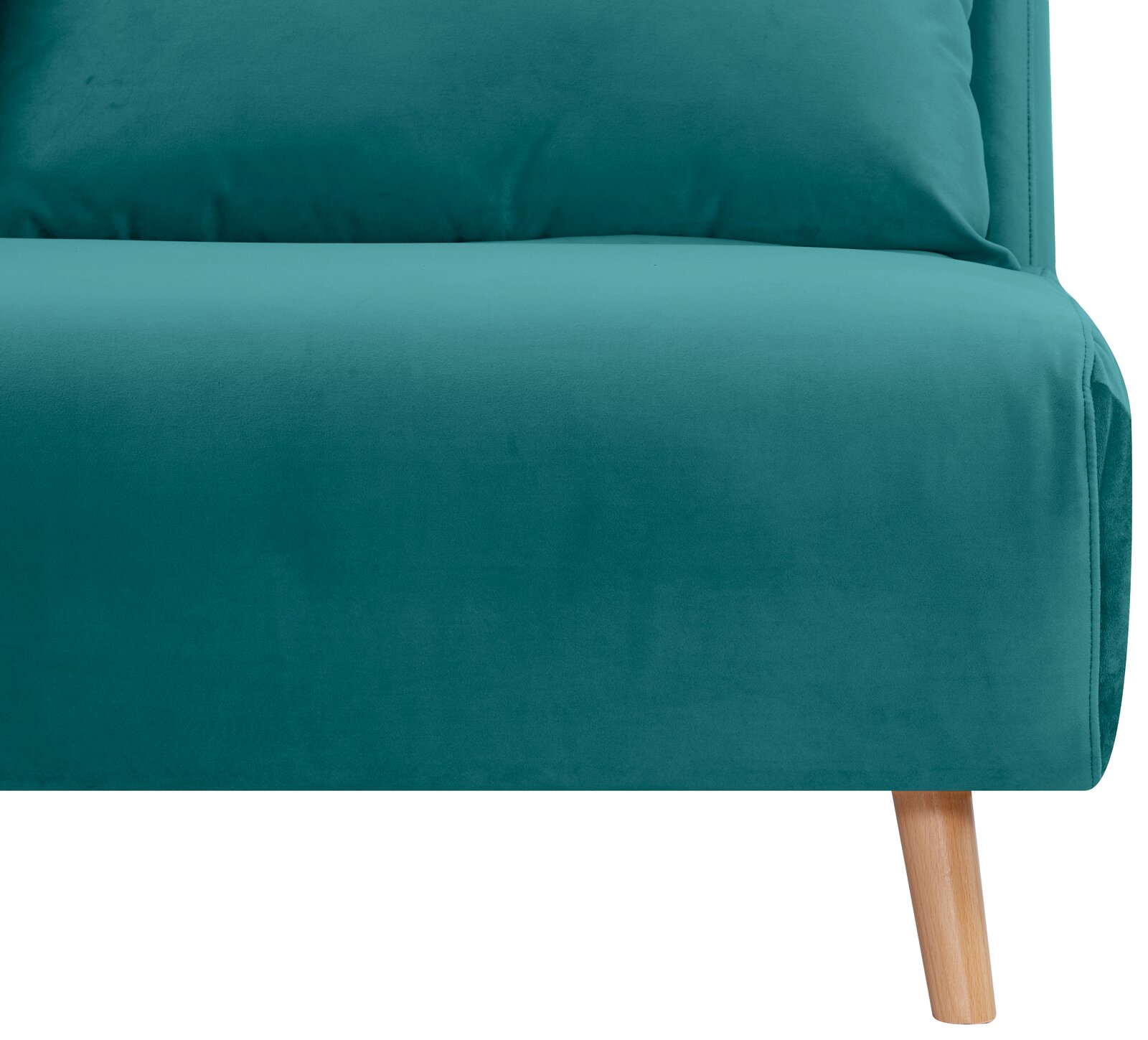 Grünes Funktionssofa mit Holzbeinen, seitliche Perspektive