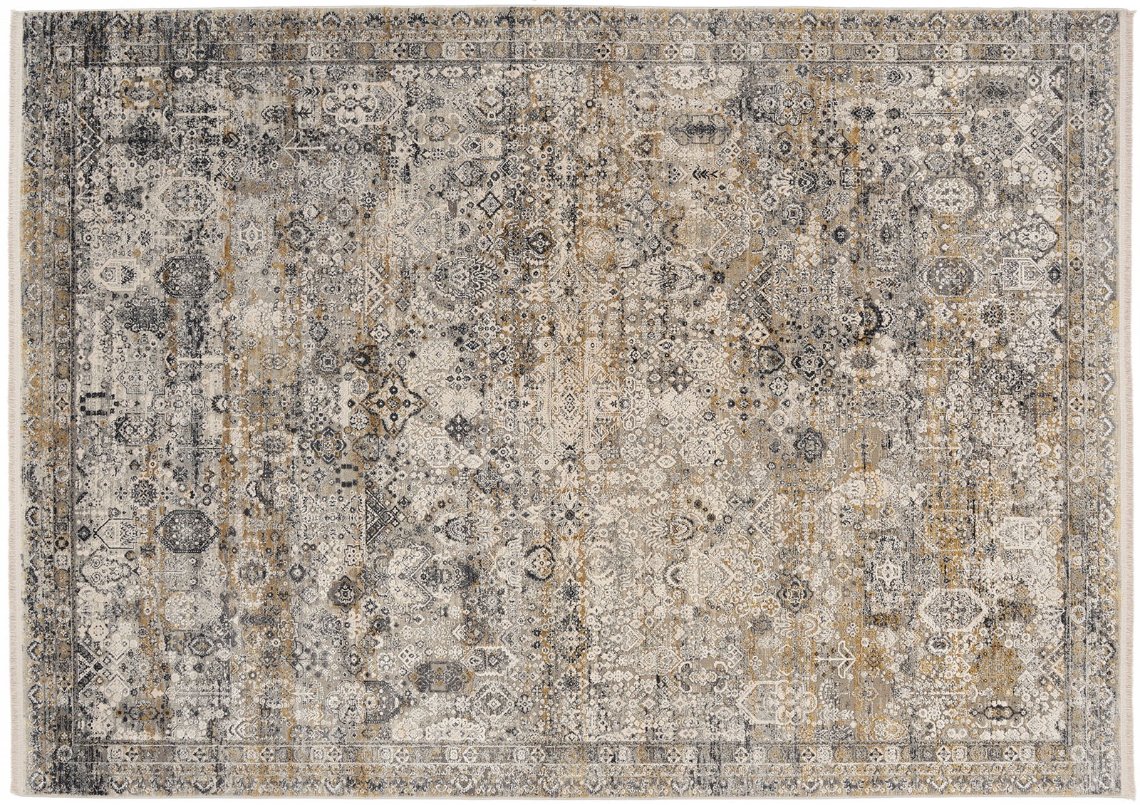 OCI Designer Teppich BESTSELLER Vogelperspektive auf einen Designer-Teppich mit komplexem, orientalisch inspiriertem Muster in Grau- und Beigetönen.