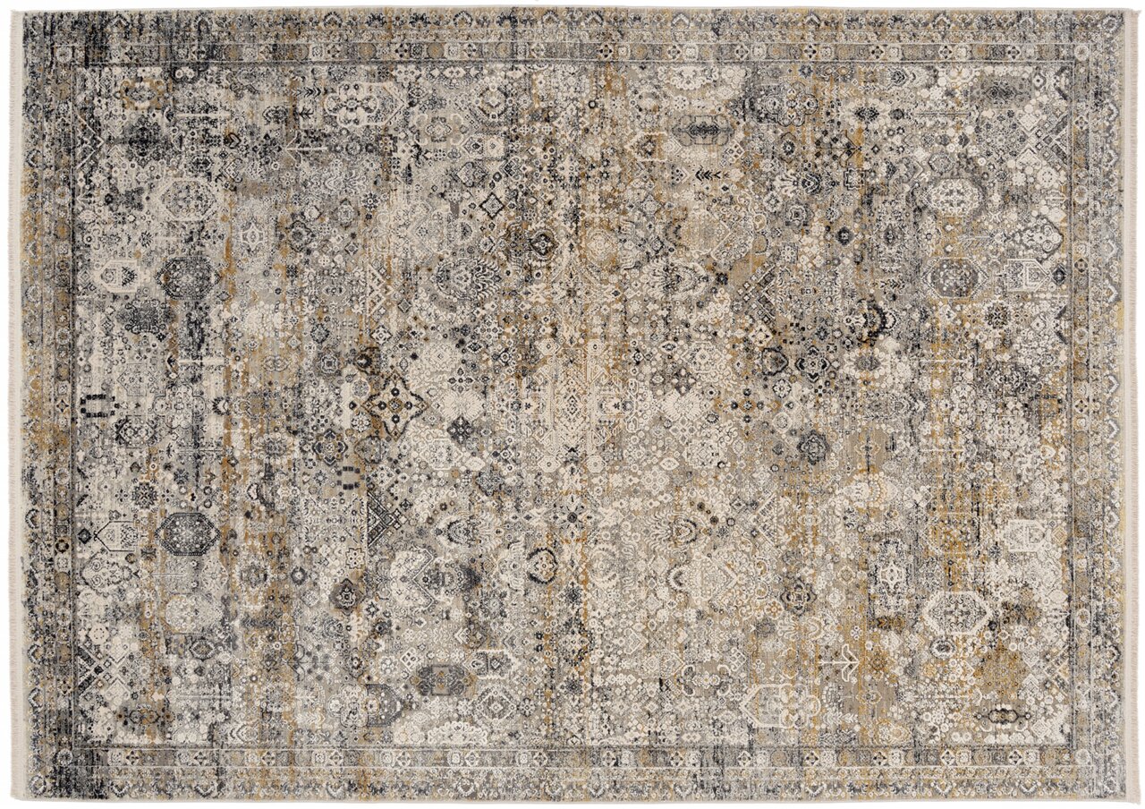 OCI Designer Teppich BESTSELLER TADI Vogelperspektive auf einen Designer-Teppich mit komplexem, orientalisch inspiriertem Muster in Grau- und Beigetönen.