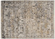 Vogelperspektive auf einen Designer-Teppich mit komplexem, orientalisch inspiriertem Muster in Grau- und Beigetönen.