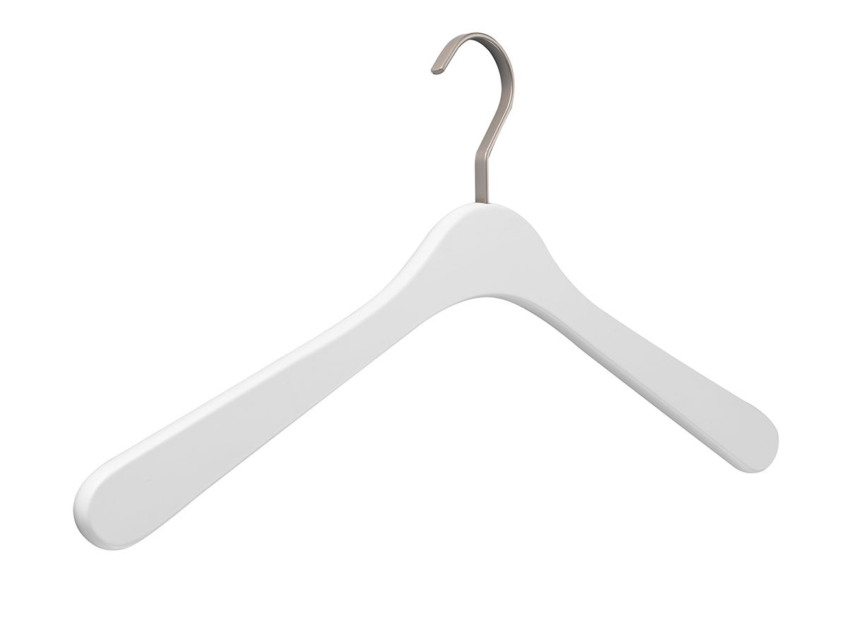 Weißer Kleiderbügel aus Holz mit Metallhaken, seitliche Perspektive
