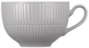 Seitenansicht einer grauen Milchkaffeeobertasse mit geriffeltem Design und Henkel.