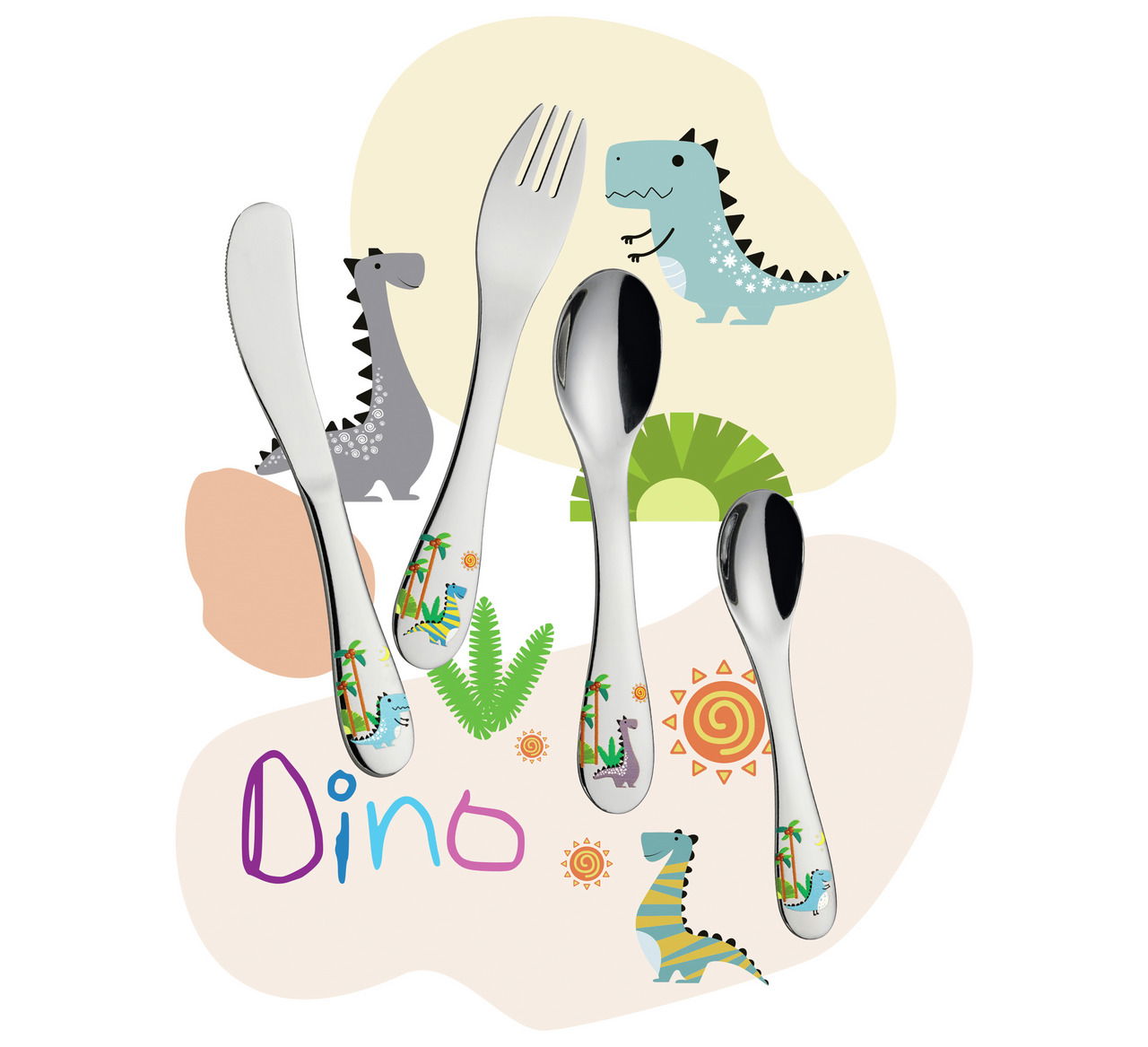 Cilio Kinderbestek 4-delig DINO Kinderbesteck-Set mit Dinosaurier-Motiven, bestehend aus Messer, Gabel, Löffel und Teelöffel, auf bunter Dino-Hintergrundgrafik, Vorderansicht.