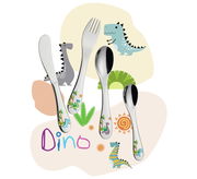 Kinderbesteck-Set mit Dinosaurier-Motiven, bestehend aus Messer, Gabel, Löffel und Teelöffel, auf bunter Dino-Hintergrundgrafik, Vorderansicht.