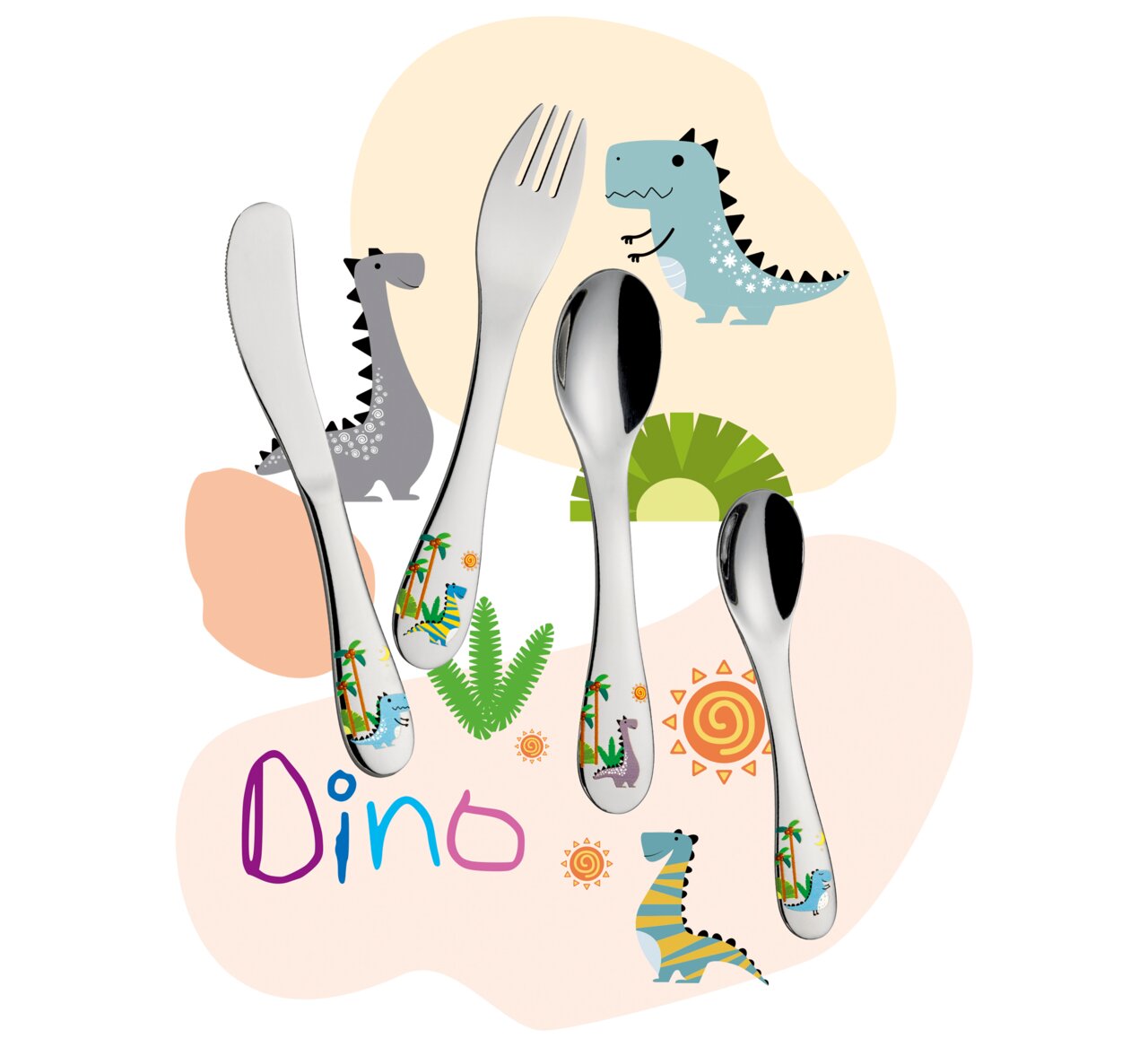 Kinderbesteck-Set mit Dinosaurier-Motiven, bestehend aus Messer, Gabel, Löffel und Teelöffel, auf bunter Dino-Hintergrundgrafik, Vorderansicht.
