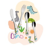 Kinderbesteck-Set mit Dinosaurier-Motiven, bestehend aus Messer, Gabel, Löffel und Teelöffel, auf bunter Dino-Hintergrundgrafik, Vorderansicht.
