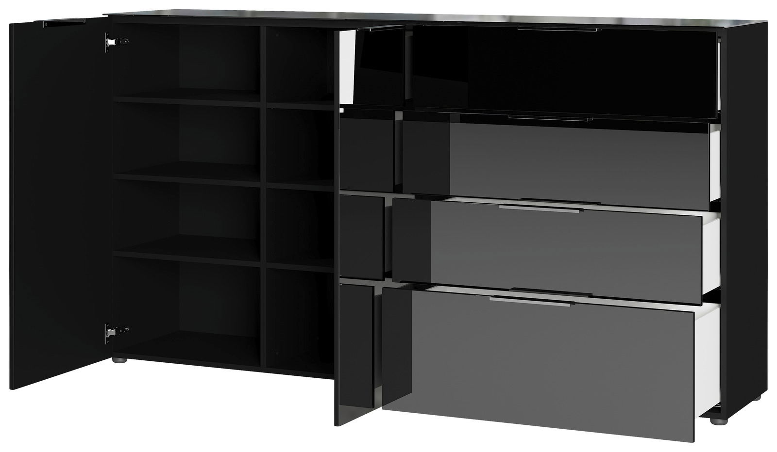 Schwarzes XL-Sideboard mit offenen Schubladen und Türen, seitliche Perspektive