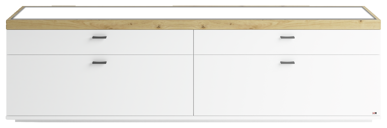 Modernes TV-Lowboard in Weiß mit Holzoberfläche, Frontansicht