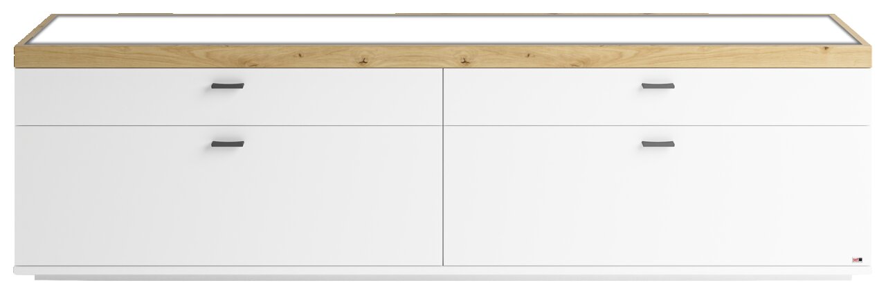 Modernes TV-Lowboard in Weiß mit Holzoberfläche, Frontansicht