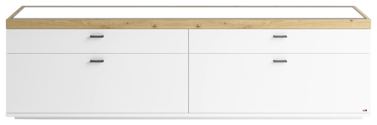 Modernes TV-Lowboard in Weiß mit Holzoberfläche, Frontansicht