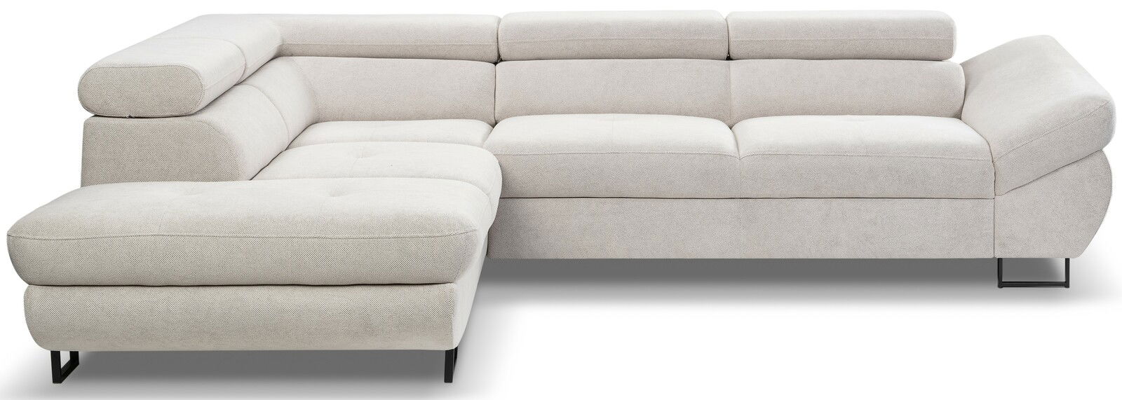 Helle, moderne Rundecke OTTLI (L) in Frontalansicht mit verstellbaren Kopfstützen und schwarzen Metallfüßen.