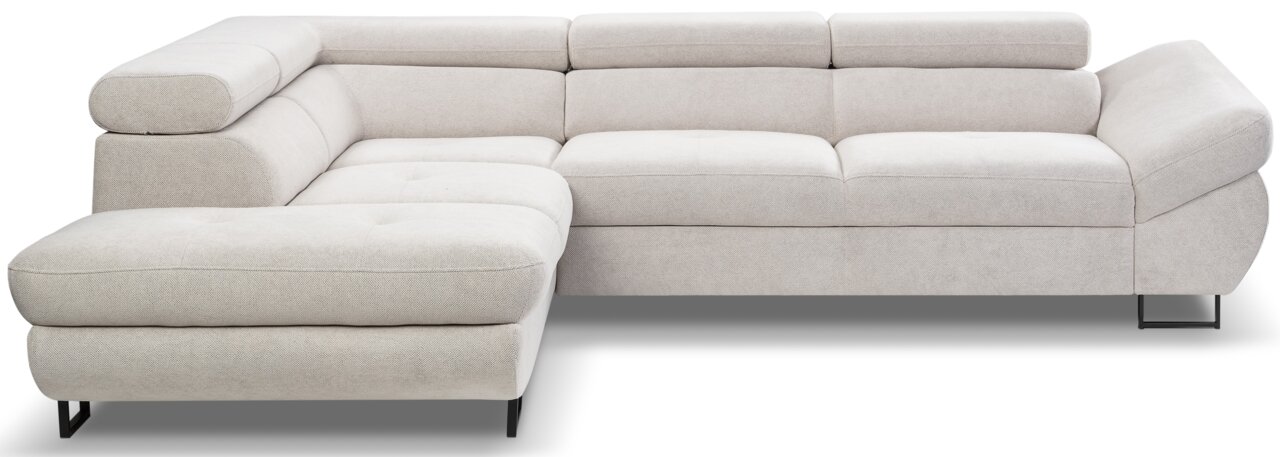 Helle, moderne Rundecke OTTLI (L) in Frontalansicht mit verstellbaren Kopfstützen und schwarzen Metallfüßen.