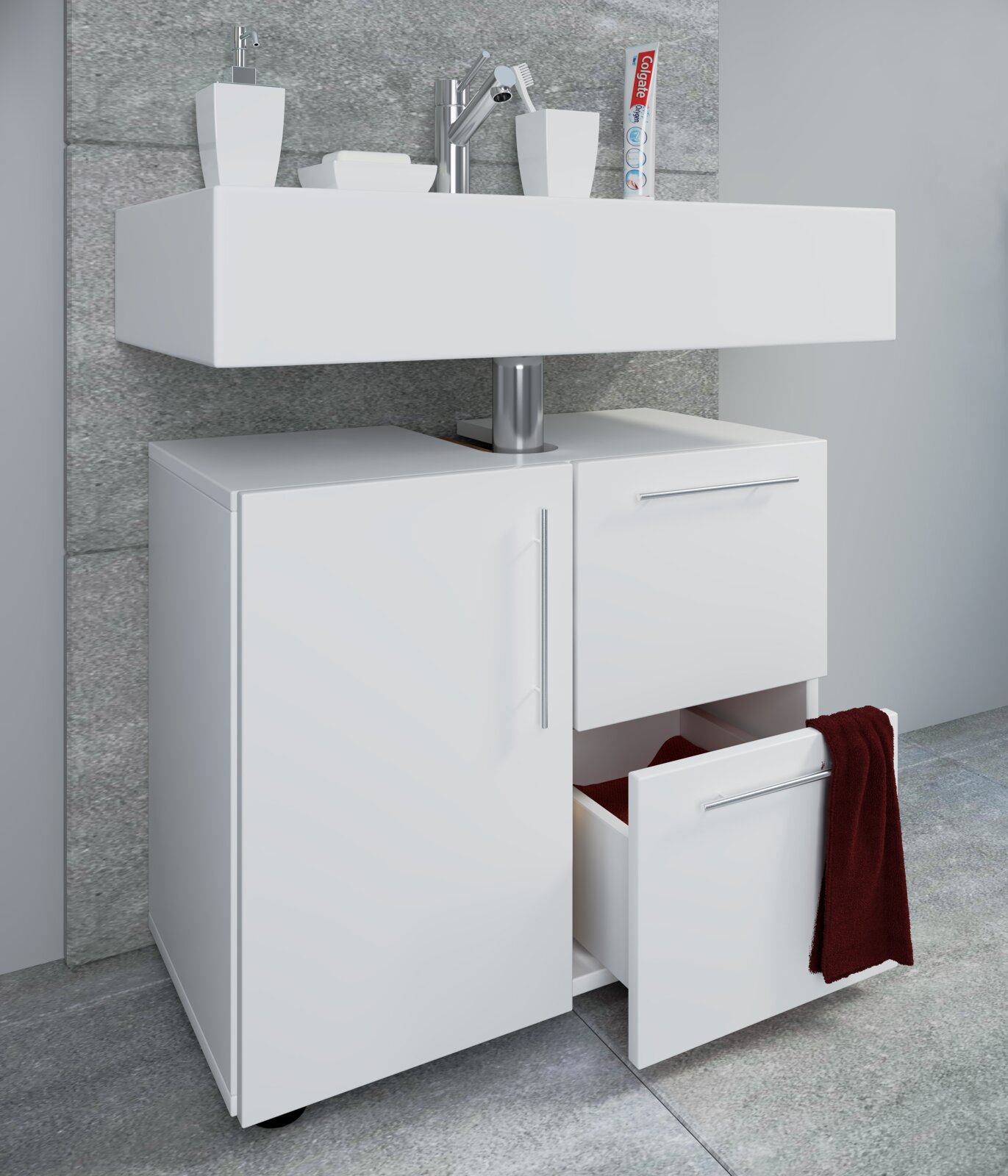 Modernes weißes Badmöbel-Set mit wandmontiertem rechteckigem Waschbecken, Chromarmatur und Unterschrank mit Tür und teils geöffneter Schublade Ansicht schräg von vorn.