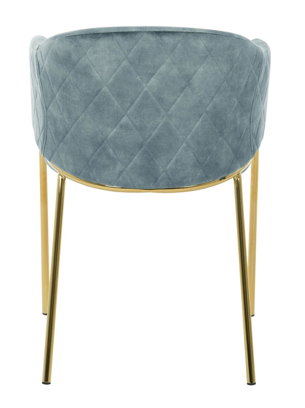 Rückansicht eines Armlehnstuhls mit blauer, gesteppten Polsterung und goldenen Beinen.