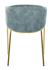 Rückansicht eines Armlehnstuhls mit blauer, gesteppten Polsterung und goldenen Beinen.