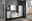 Modernes Badezimmer mit weißem Highboard, Waschbeckenunterschrank und Spiegelschrank, seitliche Perspektive