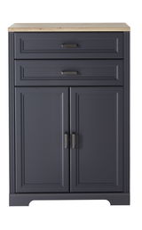 Vorderansicht eines niedrigen Kombischranks mit zwei Schubladen und zwei Türen in dunklem Blau mit Holzplatte.