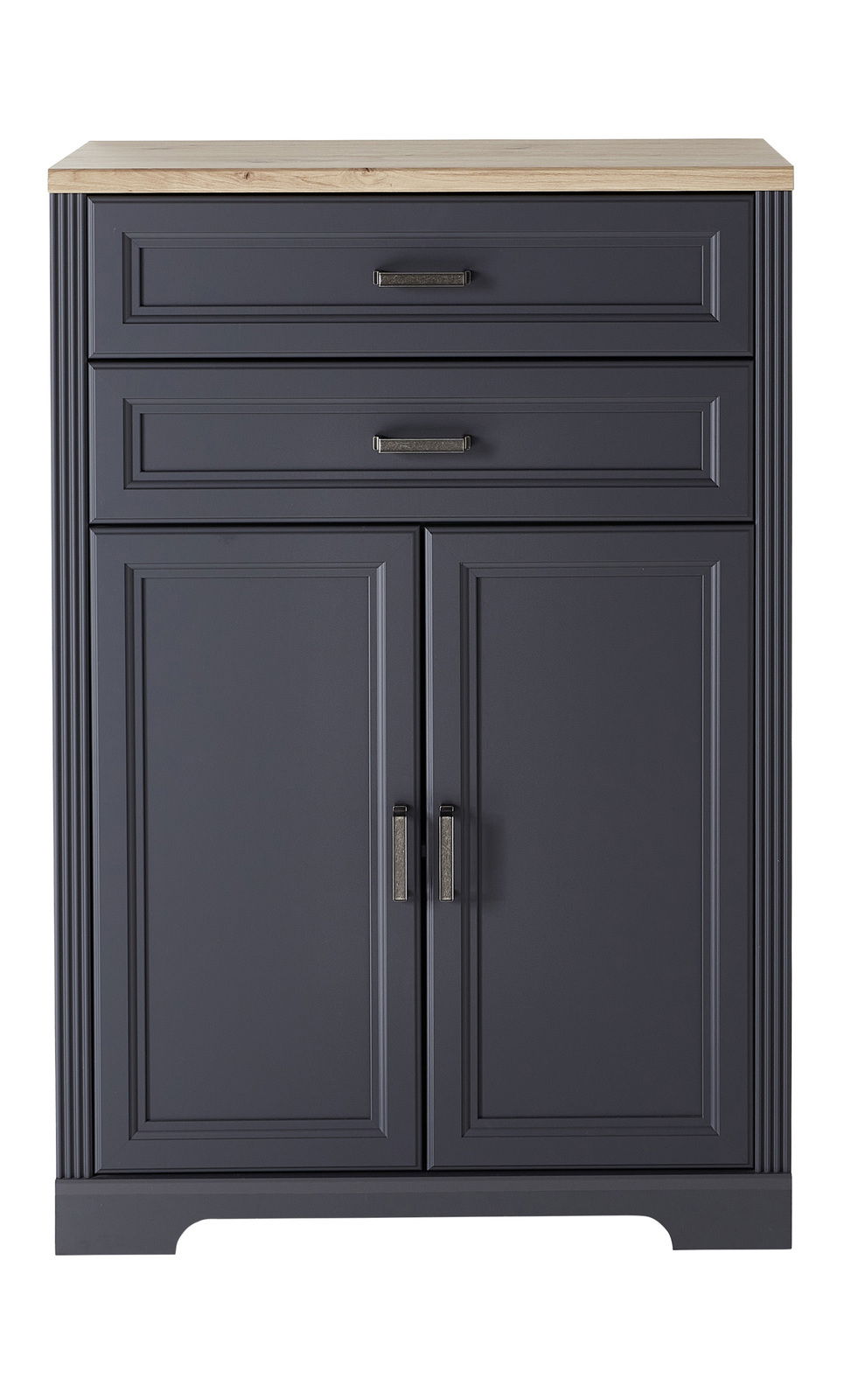 Landscape Kombischrank niedrig JUDITH Vorderansicht eines niedrigen Kombischranks mit zwei Schubladen und zwei Türen in dunklem Blau mit Holzplatte.