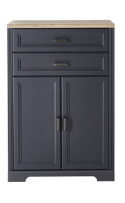 Vorderansicht eines niedrigen Kombischranks mit zwei Schubladen und zwei Türen in dunklem Blau mit Holzplatte.