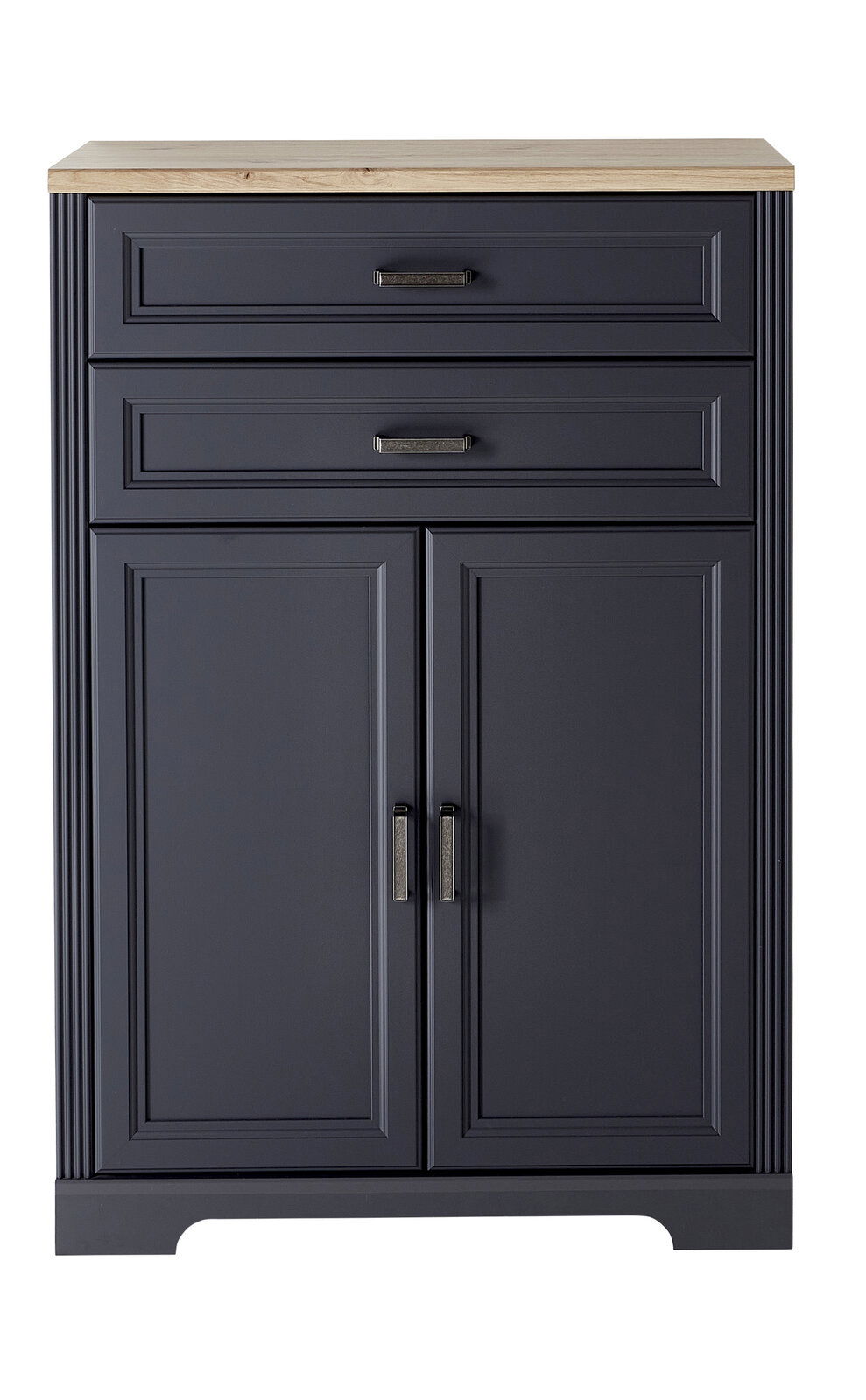 Landscape Kombischrank niedrig JUDITH Vorderansicht eines niedrigen Kombischranks mit zwei Schubladen und zwei Türen in dunklem Blau mit Holzplatte.