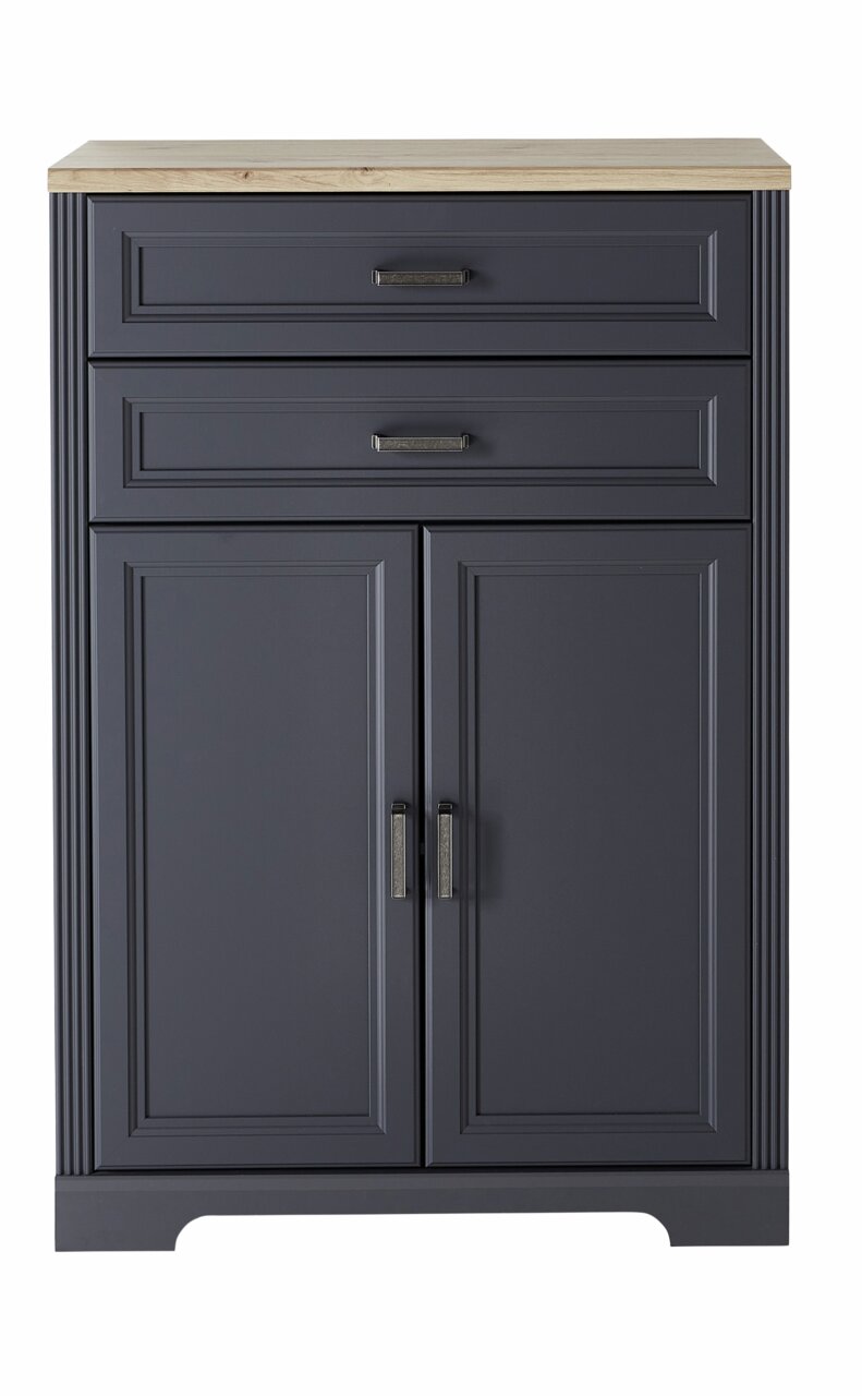 Vorderansicht eines niedrigen Kombischranks mit zwei Schubladen und zwei Türen in dunklem Blau mit Holzplatte.