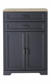 Vorderansicht eines niedrigen Kombischranks mit zwei Schubladen und zwei Türen in dunklem Blau mit Holzplatte.