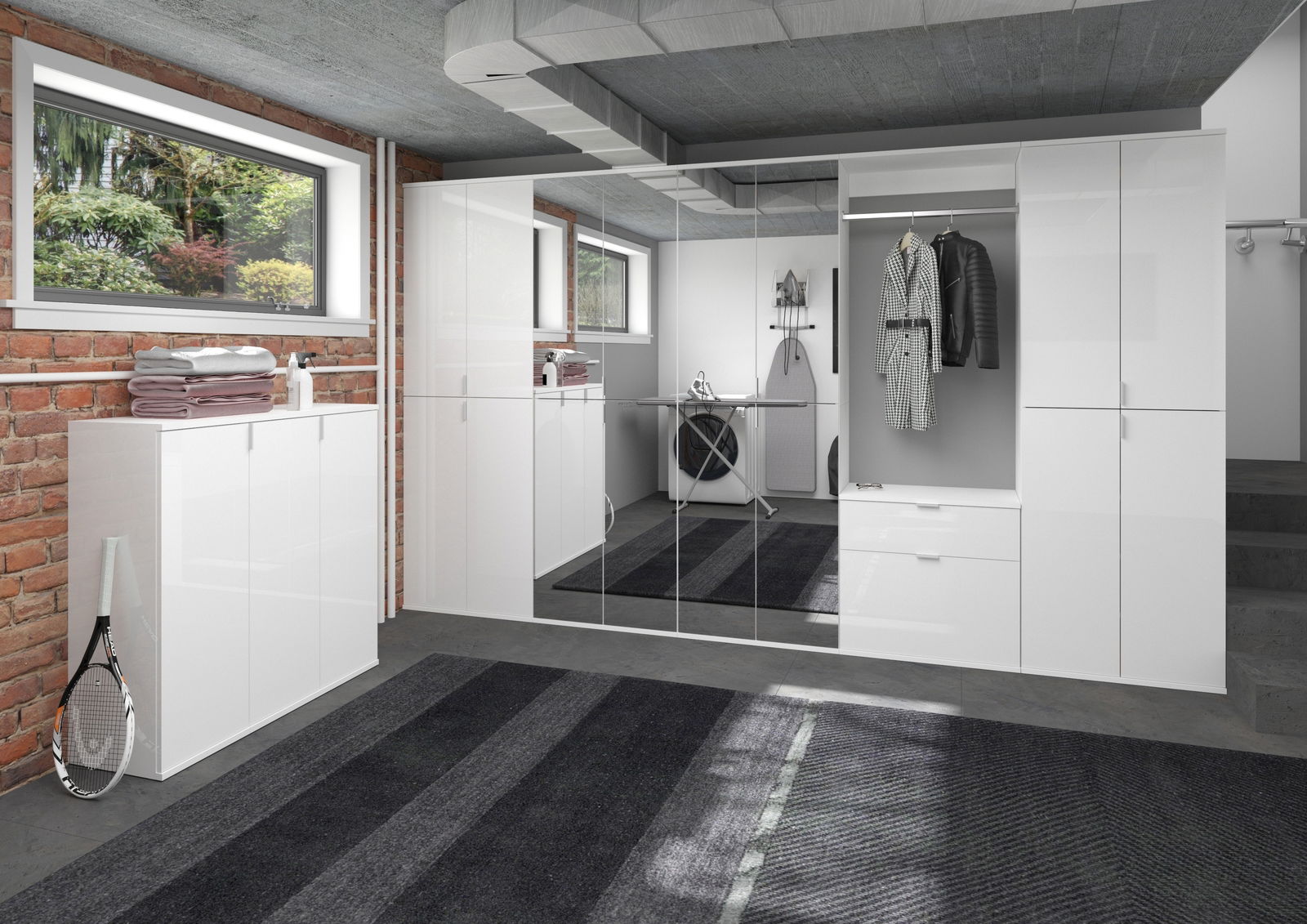 Moderne weiße Kommode in einem stilvollen Raum mit Spiegeln und Garderobe, seitliche Perspektive