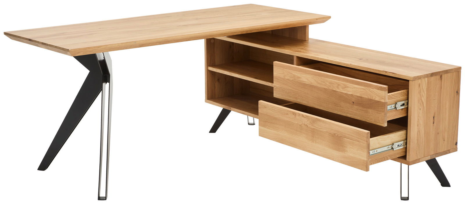 Eck-Schreibtisch aus Holz mit Metallbeinen, zwei offenen Schubladen und Regalfächern, seitliche Perspektive