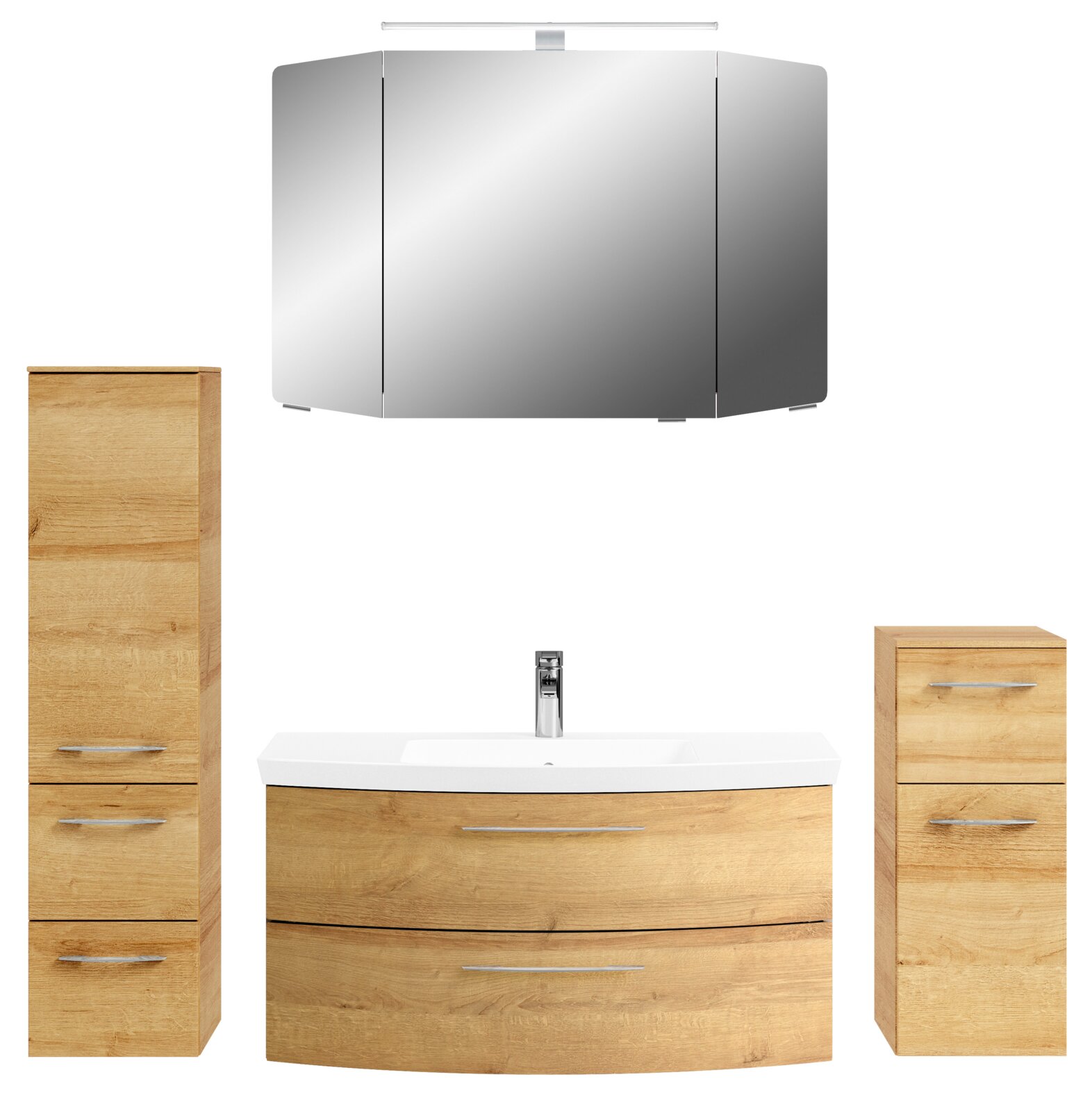 Moderne Badkombination mit Holzoptik, bestehend aus einem großen Spiegelschrank, einem Waschbeckenunterschrank mit zwei Schubladen und zwei zusätzlichen Schränken, frontal abgebildet.