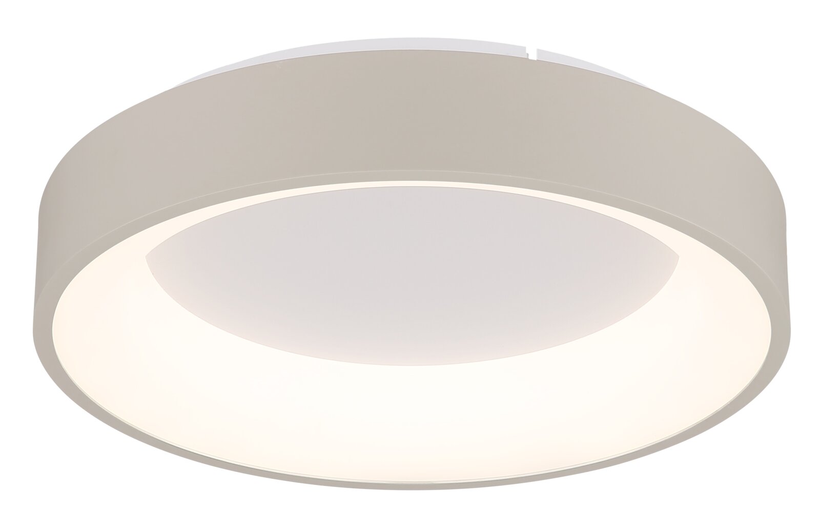 Ronde led-plafondlamp in zijaanzicht, met een strak, modern ontwerp en een gelijkmatige lichtverspreiding.