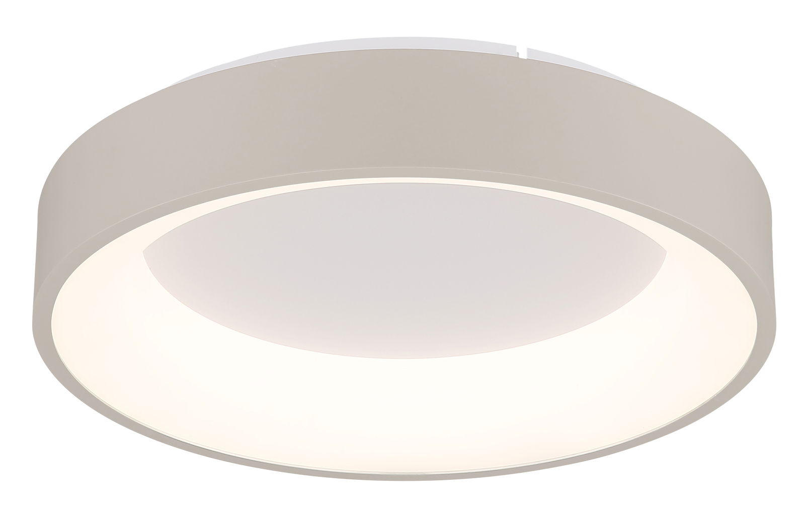 Runde LED-Deckenleuchte in seitlicher Perspektive mit schlichtem, modernem Design und gleichmäßiger Lichtverteilung.