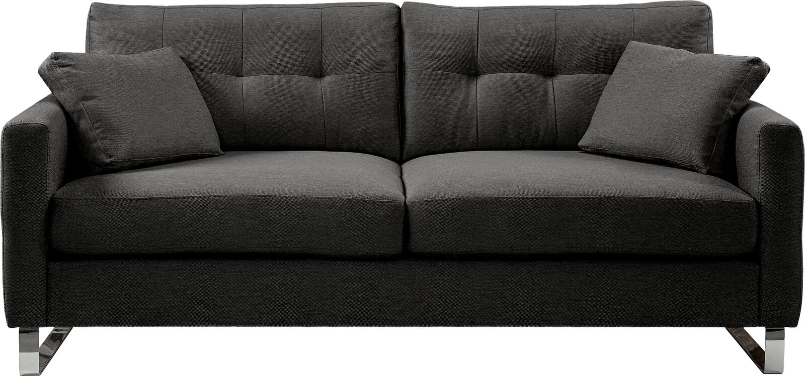 Dunkelgraues 2-Sitzer-Sofa mit gepolsterten Armlehnen, gesteppter Rückenlehne, zwei Zierkissen und Metallfüßen, frontal aus der Vorderansicht freigestellt auf weißem Hintergrund