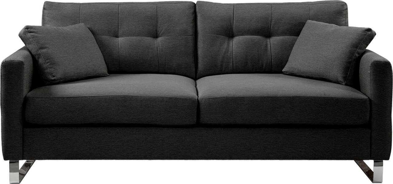 Dunkelgraues 2-Sitzer-Sofa mit gepolsterten Armlehnen, gesteppter Rückenlehne, zwei Zierkissen und Metallfüßen, frontal aus der Vorderansicht freigestellt auf weißem Hintergrund