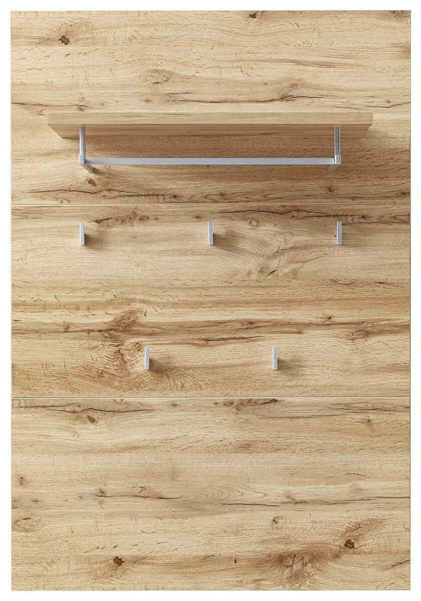 Garderobenpaneel aus Holz mit mehreren Haken und einer Ablage, Frontalansicht