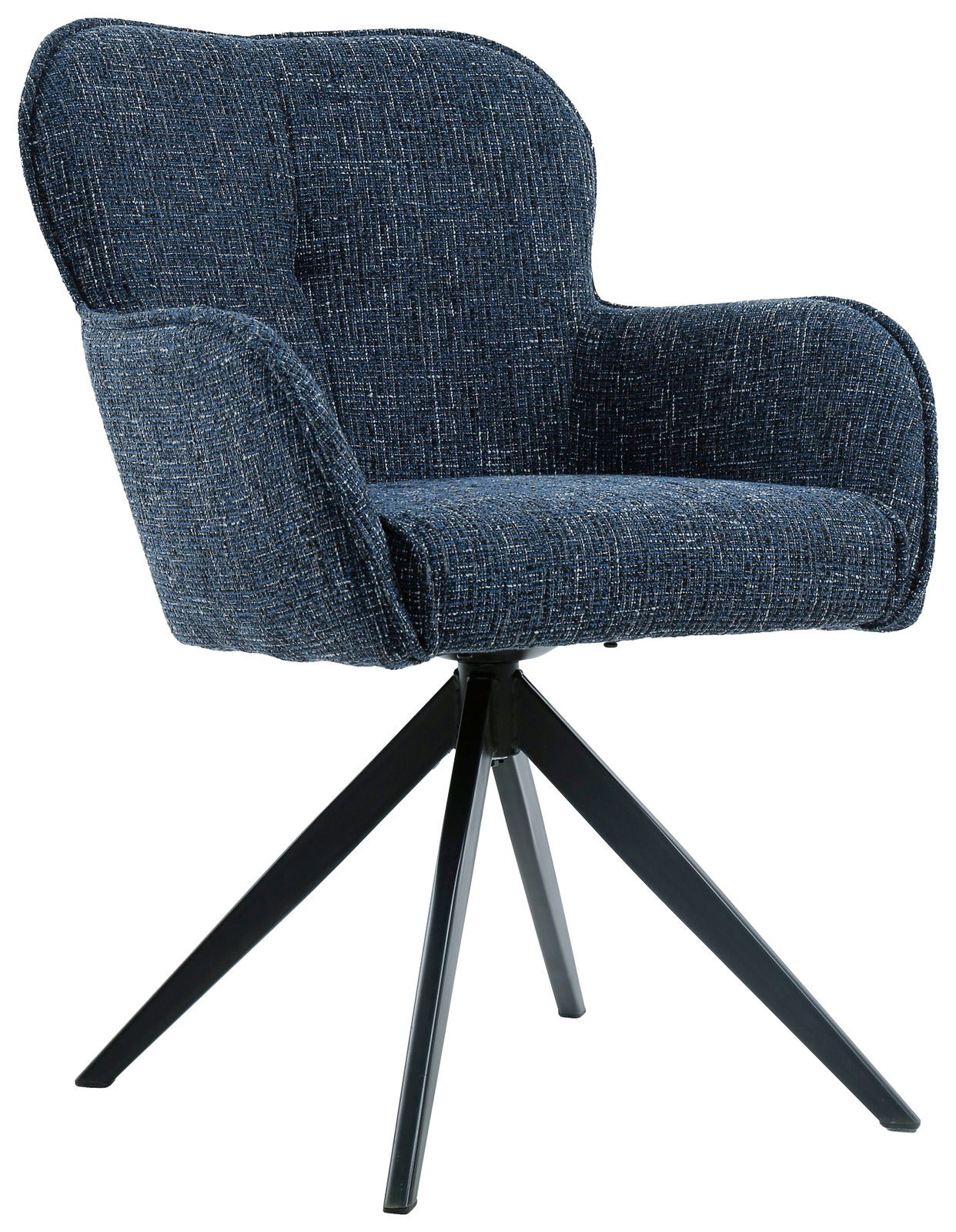 Novel Armlehnstuhl BOUNTY Blauer Armlehnstuhl mit gepolstertem Sitz und Rückenlehne, auf schwarzem Metallgestell, seitliche Perspektive