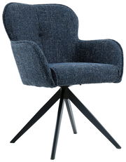 Blauer Armlehnstuhl mit gepolstertem Sitz und Rückenlehne, auf schwarzem Metallgestell, seitliche Perspektive