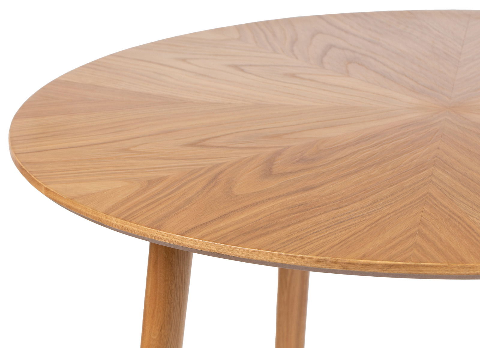 Nahaufnahme eines runden Esstisches aus Holz mit sichtbarer Maserung, von oben betrachtet.