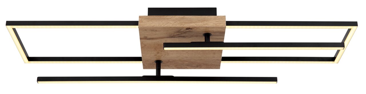 Moderne Deckenleuchte mit rechteckigen LED-Rahmen und Holzelement, Ansicht von unten.