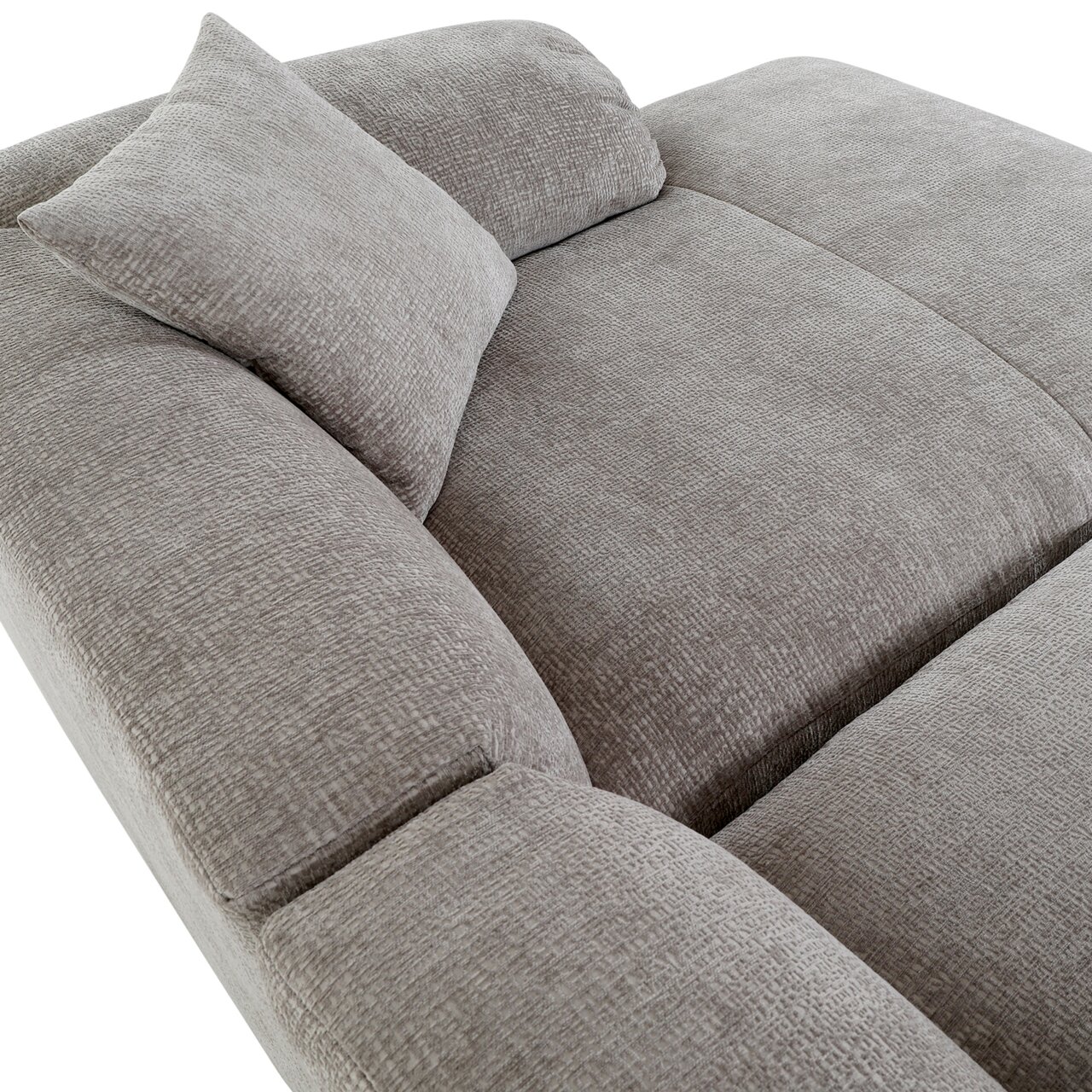 Graues Ecksofa CLASSY mit weicher Polsterung und Kissen, Perspektive von oben.