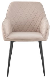 Beiger Armlehnstuhl mit rautenförmiger Steppung und schwarzen Beinen, Frontalansicht