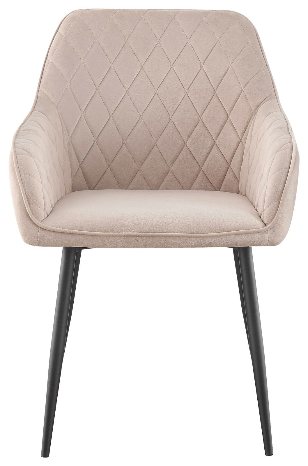 Beiger Armlehnstuhl mit rautenförmiger Steppung und schwarzen Beinen, Frontalansicht