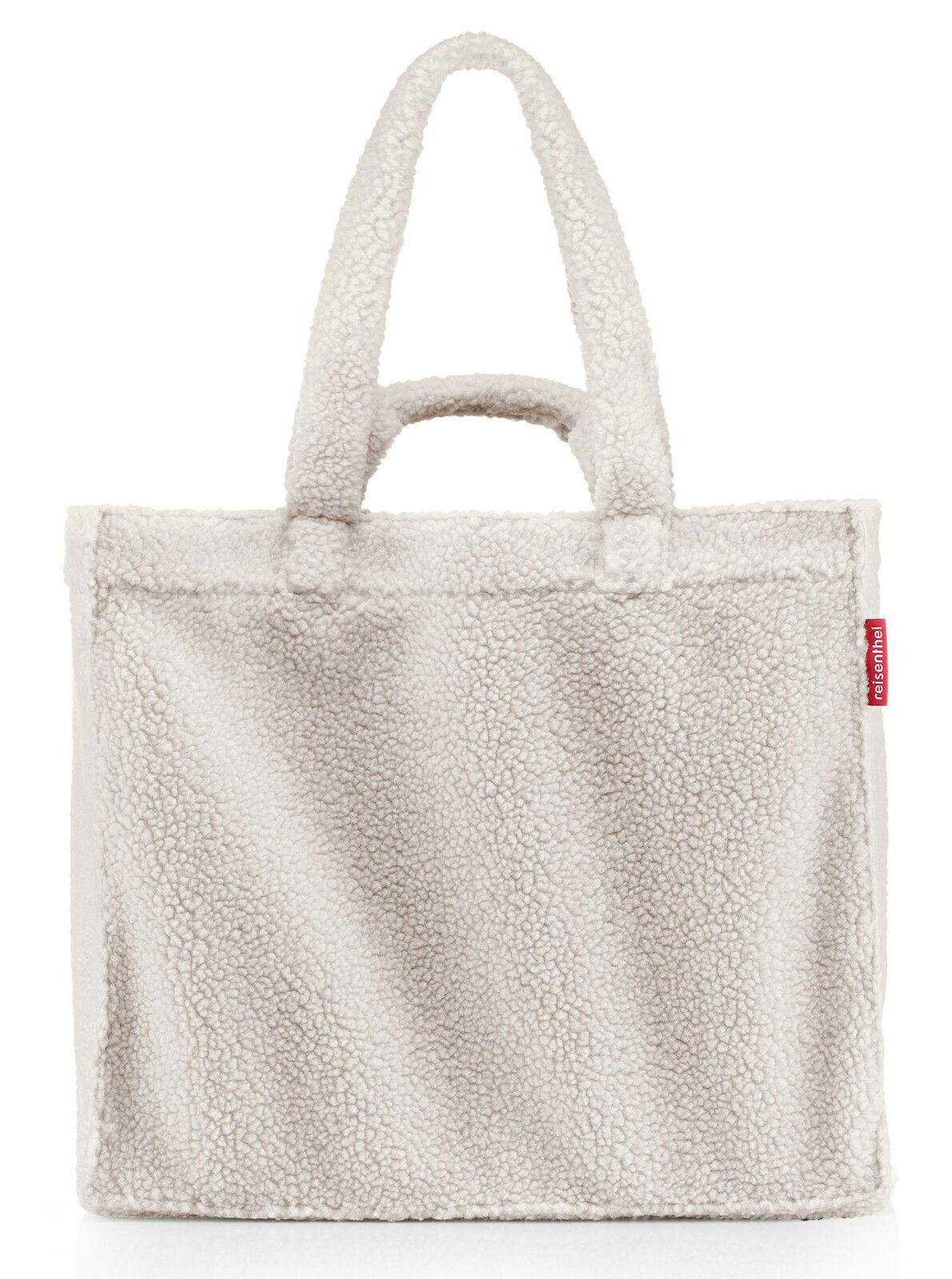 Weiche, cremefarbene Einkaufstasche aus flauschigem Material mit zwei Griffen, Vorderansicht