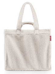 Weiche, cremefarbene Einkaufstasche aus flauschigem Material mit zwei Griffen, Vorderansicht