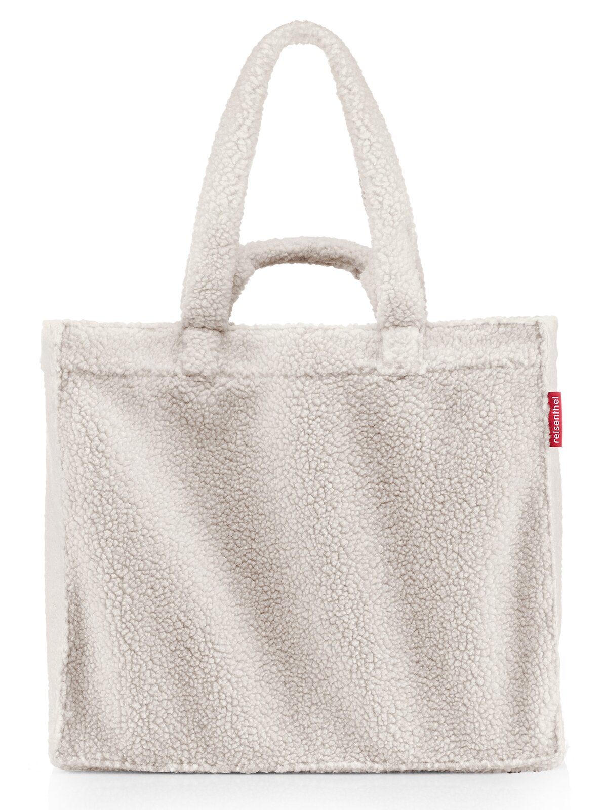 Weiche, cremefarbene Einkaufstasche aus flauschigem Material mit zwei Griffen, Vorderansicht