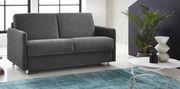 Graues Schlafsofa in modernem Wohnzimmer, seitliche Perspektive.